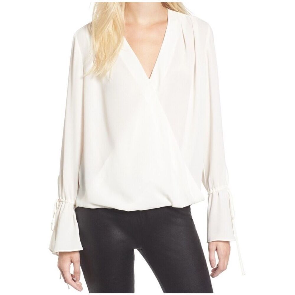 W by Worth 100% Silk Cream Faux Wrap V-Neck  Blouse Bell Tie Sleeves Women’s 4